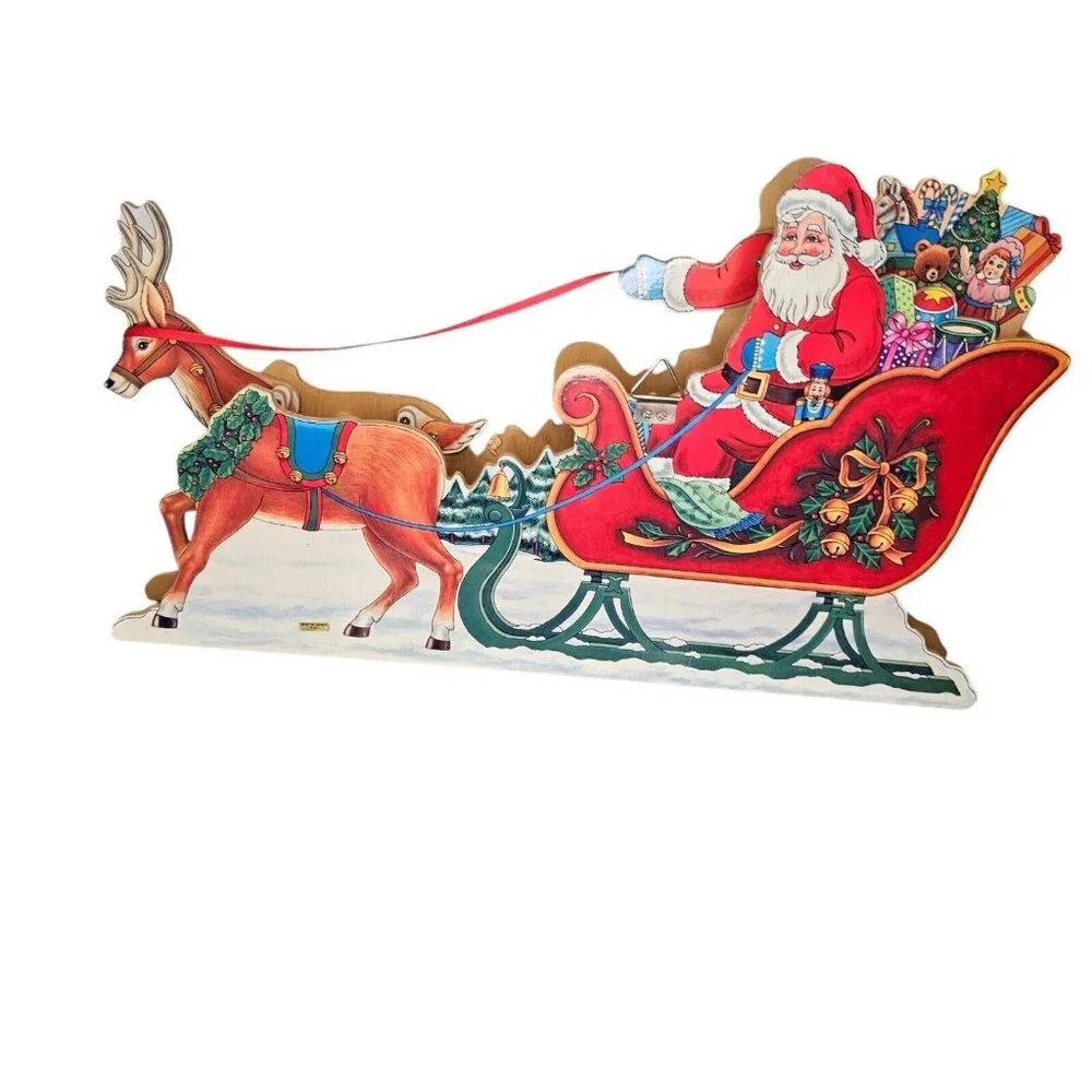 90s Christmas Animated Santa Sleigh‎ Reindeer Wooden Musical Winter Wall Decor